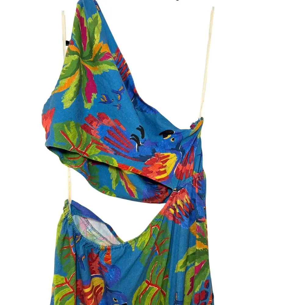 Farm Rio Sunny Day Maxi Dress One-Shoulder Cutout Tropical Linen Blend Size XL - Picture 3 of 14